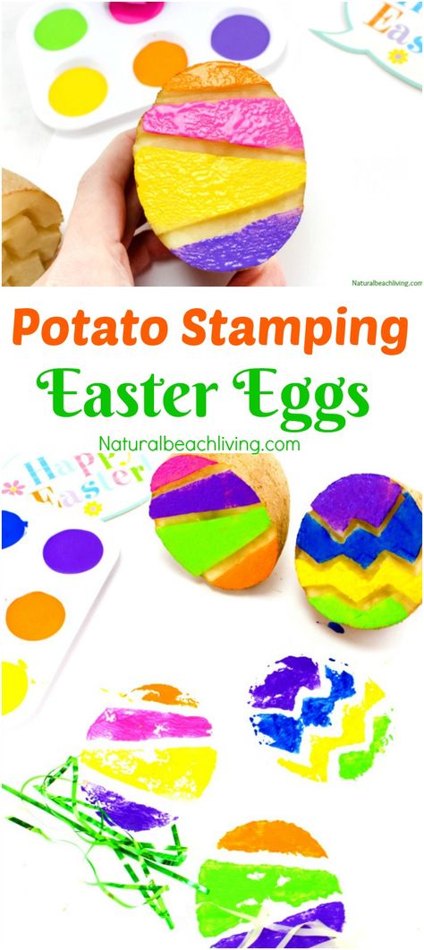 The Best Easter Egg Potato Stamp Ideas for Kids, Great Easter Craft, Potato Stamping, Art for preschoolers and Spring Activities for Kids, We Love Painting Easter Nursery Activities, Easter Messy Play Ideas, Easter Messy Play, Activities For 3yrs Old, Potato Stamping Art, Potato Stamping, Messy Painting, Spring Activities For Kids, Art For Preschoolers