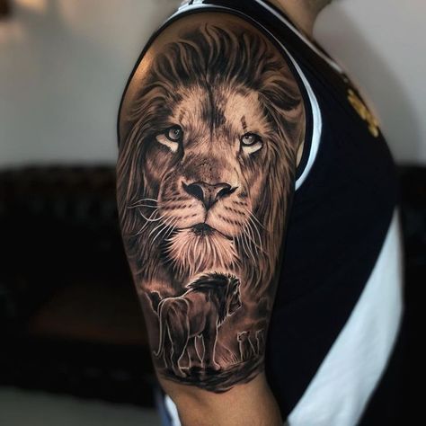 Upper Arm Lion Tattoo For Men, Lion Upper Arm Tattoo Men, Lion And Mountain Tattoo, Lion Bicep Tattoo Men, Lion Tattoo Upper Arm, Fins Tattoo, Mens Upper Arm Tattoo, Lion Portrait Tattoo, Upper Arm Tattoo Men