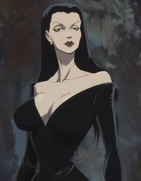 Goth Animated Characters, Morticia Addams Cartoon, Goth Woman Art, Morticia Addams Art, Goth Cartoon Characters, Morticia Addams Aesthetic, Morticia Addams Cosplay, Morticia Addams Makeup, Goth Characters