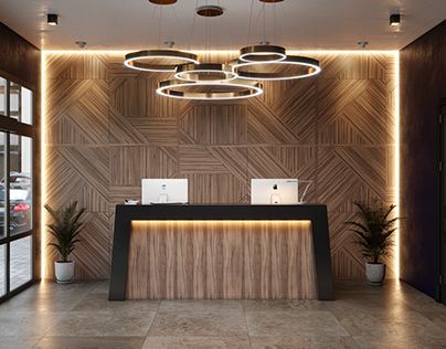 Render for the catalog of fixtures 5k render Commercial Office Interior Design, Lighting Lounge, Design Office Interior, Modern Hotel Lobby, Doctor Office Design, Desk For Office, Reception Lighting, Office Reception Design, Reception Desk Counter