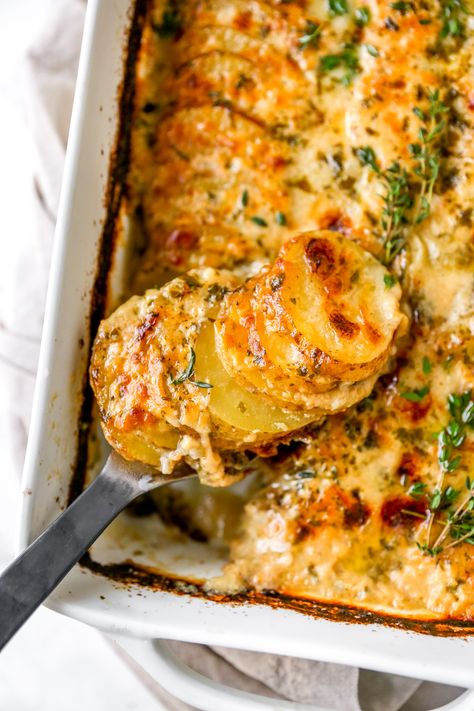 Scalloped Potatoes And Zucchini, Scalloped Potatoes With Leeks, Scallop Potatoes, Scalopped Potatoes Recipe Cheese, Potato And Pesto Recipe, Scalloped Potato’s, Pesto Potatoes, Creamed Potatoes, Potato Sides