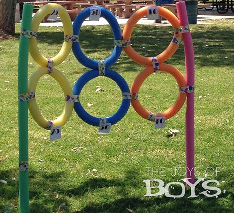 Target made from Pool Noodles from TheJoysofBoys.com.  Perfect for a Sports birthday party.  #poolnoodles Football Tire Toss, Sports Birthday Party Activities, Sports Themed Birthday Party Ideas Games, Dude Perfect Birthday Party, Boys Birthday Party Games, Birthday Party Pool, Sport Birthday, Football Pool, Sports Theme Birthday