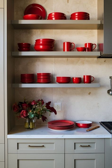 Red Kitchen Decor Ideas, Red Kitchen Accents, Red Kitchen Appliances, Red Appliances, Red Kitchen Island, Red Backsplash, Red Cabinets, Red Dishes, Red Kitchen Decor