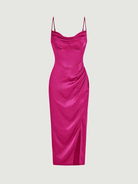 Rosa Fucsia Elegante Collar sin mangas Tela tricotada Liso Tirantes Embellished No-Elástico  Ropa de Mujer Vestidos Color Fucsia, Color Fucsia, Cami Dress, Black Border, Halter Formal Dress, Dress P, Red Formal Dress, Solid Black, Formal Dresses