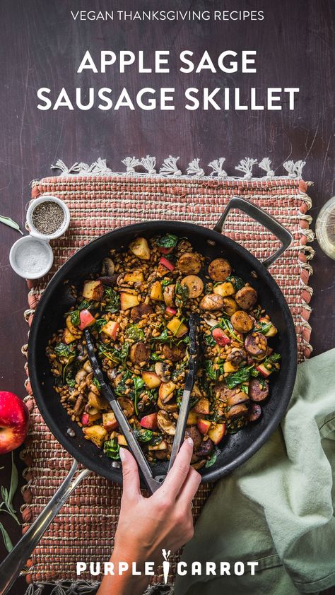 This delicious savory Apple Sage Sausage Skillet is the perfect #plantbased recipe to serve at your Thanksgiving table. Smoked Apple Sage Sausage Recipes, Vegan Sausage Dinner, Apple Sage Sausage Recipe, Field Roast Apple Sage Sausage Recipe, Mabon Feast, Apple Sage Sausage, Vegan Entree Recipes, Savory Apple Recipes, Sausage Skillet