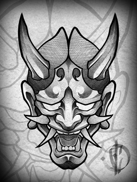 Neo Traditional Hannya Mask, Hayanna Mask Tattoo, ငှက် Tattoo, Japanese Oni Mask Drawing, Hanya Mask Tattoo Design Black And Grey, Hanya Mask Drawing, Hanya Mask Tattoo Traditional, Traditional Oni Mask Tattoo Design, Hannya Mask Drawing