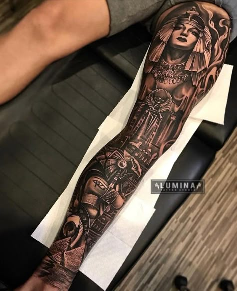 Egyptian Tattoo Men Arm, Best Leg Tattoo Men Design, Egypt Tattoo Design Ideas, Egypt Tattoos, African Sleeve Tattoo, Egypt Tattoo Design, Dragons Tattoo, Egyptian Tattoo Sleeve, Full Leg Tattoos