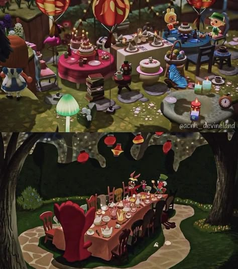 Dark Forest Acnh, Acnh Magic Forest, Wonderland Animal Crossing, Acnh Wonderland, Acnh Alice In Wonderland, Disney Acnh, Acnh Build Ideas, Disney Island, Animal Crossing Aesthetic