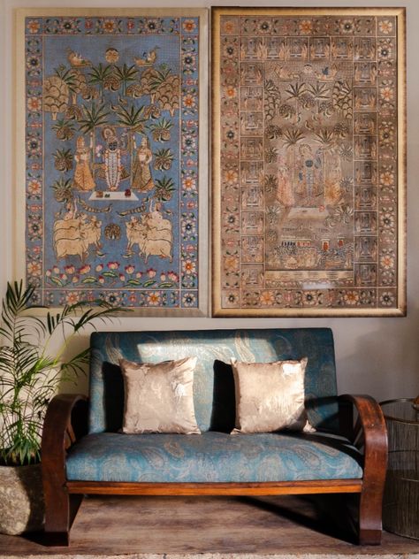 Add grandeur tothe  walls by adorning them with exquisite pichwai paintings that reflect the opulence of Indian royalty. These magnificent works of art are renowned for their intricate details, vivid colors, and the way they capture the essence and beauty of Indian mythology.

#luxurylifestyle #pichwai #paintings #wallpaintings #wallpaintingideas #homedecor #interiordesignideas #interiordesigninspiration #pichwaipaintings #pichwaitradition #wallart #wallartdecor #wallart #thepurpleturtles Indian Art Gallery Wall, Indian Mythology Art Paintings, Modern Pichwai Paintings, Office Moody, Indian Royalty, Pichwai Art, Indian Traditional Paintings, Indian Mythology, Indian Art Gallery