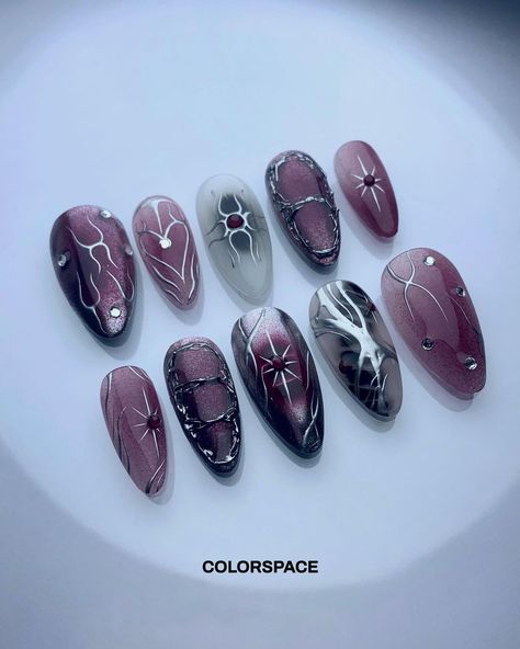 • 𝑷𝑹𝑬𝑺𝑺 𝑶𝑵 𝑵𝑨𝑰𝑳𝑺 • Shopee code : #0391 Inspo from pinterest💕 If anyone know the original artist please let me know <3 Get your nails done… | Instagram Uñas Press On, Press On, Nails Ideas, Space Nails, Asian Nails, Gothic Nails, Punk Nails, Grunge Nails, Pretty Gel Nails