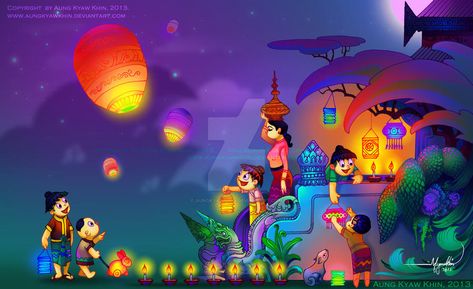 Thadingyut Festival (Myanmar) by AungKyawKhin on DeviantArt Thadingyut Festival Illustration, Myanmar Thadingyut Festival, Thadingyut Festival Drawing, Thadingyut Festival Photo, Festivals Illustration, Thadingyut Festival Design, Myanmar Festival, Thadingyut Festival, Festival Paint