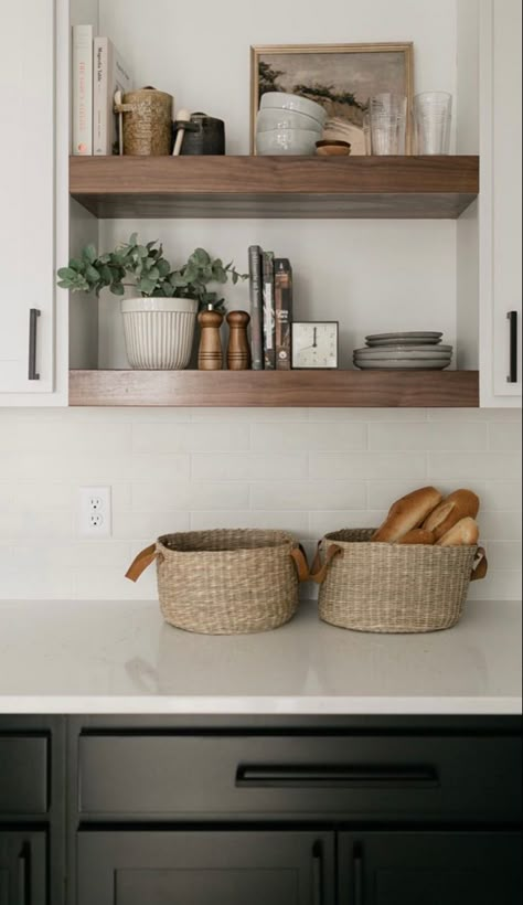 Open Shelves In Kitchen Decor, Kitchen Shelf Styling Farmhouse, Open Shelving In The Kitchen Minimalist, Modern Floating Shelves Kitchen Wood, Minimal Open Shelves Kitchen, Thick Wooden Shelves Kitchen, Floating Kit Hen Shelves, Rustic Kitchen Shelves, Float Shelf