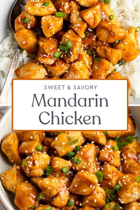 Inspired by a popular takeout dish, this tangy Mandarin chicken recipe is so simple, but so delicious. Bite-sized pieces of juicy chicken glazed in a mixture of orange juice, ginger, soy sauce, and brown sugar. Serve over white rice or cauliflower rice for a perfect meal. Manderine Orange Chicken, Mandarin Teriyaki Chicken, Mandarin Sauce Recipe, Mandarin Orange Chicken Recipe, Mandarin Chicken Recipe Chinese, Mandarin Recipes Healthy, Mandarine Chicken, Mandarin Orange Sauce Recipe, Mandarin Chicken Recipe