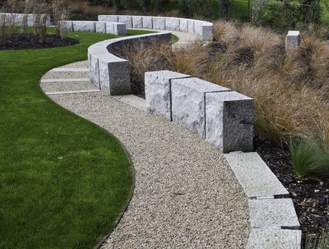 ❧ Concrete Seat Wall, Concrete Seating, Stone Seating, Formed Concrete, Seat Wall, Creek House, Concrete Fence, Stone Blocks, Areas Verdes