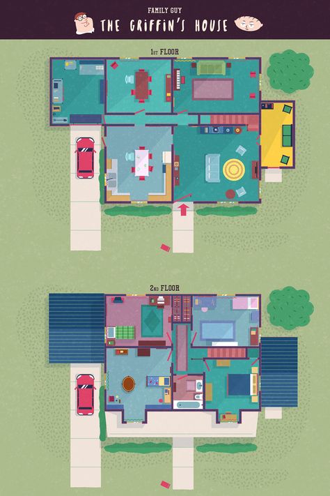 TV-floor-plans-family-guy-griffin-house Family Guy House, Sims Architecture, Tv Show House, Griffin Family, 4 Family, Sims 4 Family, Sims 4 House Plans, Sims 4 House Building, Famous Houses