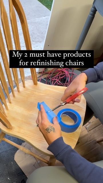 Carissa Marcheschi | Furniture Flipping on Instagram: "These 2 products will make life so much easier when refinishing your chairs! You can purchase both from Home Depot. @behrpaint is one of my favorite brands of spray paint. The satin finish goes on easy and dries to a smooth finish. Now what would you do with the seat? Keep it light or go dark? I did a mahogany stain to match the table I also did for my client, but I think they look really pretty with the natural wood too! #renewedbycloe #refinishing #chairmakeover #kitchenchairs #diningchairs #farmhousestyle #redo #refinish #restoration #woodworking #paintingtips #painterstape #asmr #satisfying #furnitureflipper #furnitureflipping #sahm #sidehustle" How To Strip Stained Wood Furniture, Stripping Dark Stained Furniture, How To Repaint Wood Furniture Without Sanding, How To Strip Dark Stain From Wood, How To Fix Sagging Dining Chair, Refinished Chairs, Painted Wooden Chairs, Sanding Wood, Heirloom Traditions