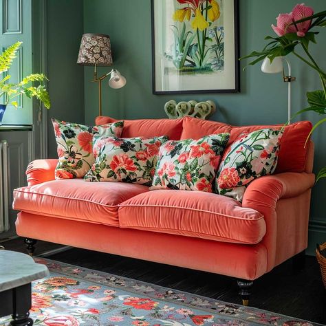 9+ Playful Sitting Room Furniture Ideas in Coral Pink • 333k+ Inspiring Lifestyle Ideas Coral Sofa Living Room, Pink And Orange House, Green And Coral Living Room, Sitting Room Furniture Ideas, Maximalist Rooms, Peach Living Rooms, Aqua Living Room, Coral Living Rooms, Sitting Room Furniture