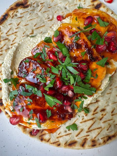 Hot honey halloumi flatbread Hot Honey Halloumi Flatbread, Recipe With Halloumi, Hot Honey Halloumi, Halloumi Flatbread, Halloumi Wrap, Honey Halloumi, Soft Flatbread, Creamy Hummus, Harissa Paste