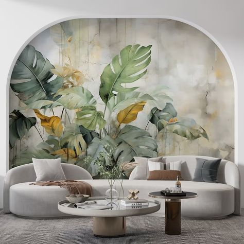 ABSTRACT Concrete Wall With Tropical Leaves Palm Tropical Wallpaper Tropical Landscape Mural Vintage Jungle Pattern 518 - Etsy Romania Rooms With Floral Wallpaper, Tropical Wallpaper Living Room Ideas, Tropical Wallpaper Bedroom Ideas, Large Format Wallpaper, Living Room Decor With Wallpaper, Home Office Tropical, Mural Ideas Living Room, Tropical Set Design, Tropical Mural Wallpaper