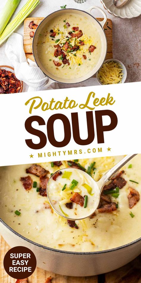 Potato Leek Soup Potato And Leek Soup Recipe, Leek And Bacon Soup, Potato Leek Soup Recipe, Creamy Potato Leek Soup, Potato And Leek Soup, Leeks Soup Recipes, Leek And Potato Soup, Leek And Potato, Potato Leek