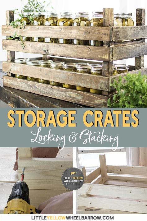 These DIY stack-able storage bins lock together and are a great place for storing your canning jars.  Make these rustic farmhouse style wooden crates that are designed to store excess mason jars, but their uses are unlimited.  This incredibly simple DIY project is one that you can make in less than an hour. #wood #diy #organization #home #homemade #ideas #littleyellowwheelbarrow Diy Storage Crate, Storage Crates, Vintage Industrial Lighting, Stackable Storage Bins, Rustic Kitchen Design, Jar Storage, Rustic Kitchen Decor, Crate Storage, Stackable Storage