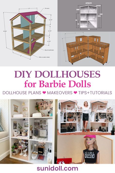 DIY dollhouses for Barbie dolls - dollhouse plans, makeovers, tip and tutorials Barbie Doll House Measurements, Victorian Dollhouse Plans Free, Making Dolls House Furniture Diy, Diy Wood Barbie House, Build Your Own Dollhouse Easy Diy, Make Your Own Dollhouse, Barbie Diy House Ideas, Diy Wooden Dollhouse Plans, Building A Barbie Doll House