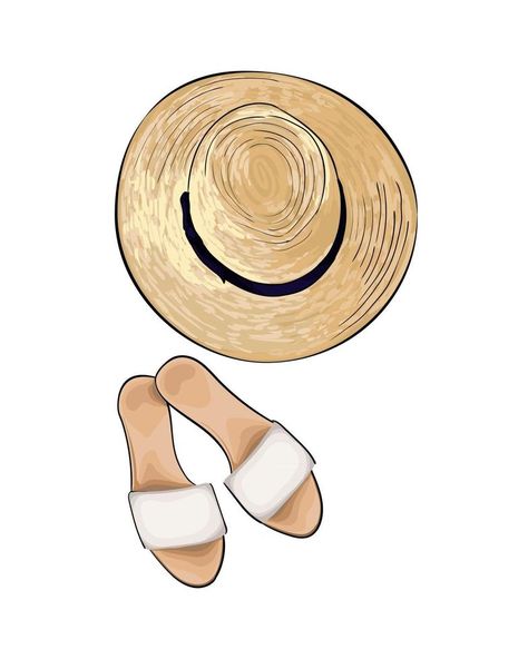 Straw hat and slippers from a splash of watercolor, colored drawing, realistic. Vector illustration of paints Glasses Sketch, Cartoon Sun, Drawing Realistic, Ad Illustration, Ballet Art, Sketch A Day, Beach Slippers, Vector Clipart, Colorful Drawings