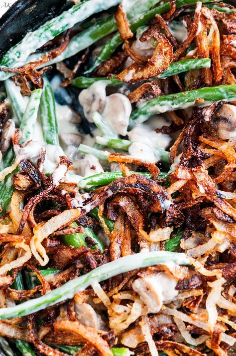 Homemade Green Bean Casserole | aberdeenskitchen.com Homemade French Fried Onions, Fresh Green Bean Casserole, Homemade Green Bean Casserole, Greenbean Casserole Recipe, French Fried Onions, Crispy Onions, Thanksgiving Dishes, Fresh Green Beans, Green Bean Casserole