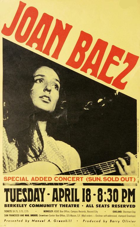 1967 Joan Baez Concert Poster, Berkeley Community Theatre Vintage Concert Posters, Music Concert Posters, Vintage Music Posters, Joni Mitchell, Community Theater, Joan Baez, Musica Rock, Concert Poster, Music Posters