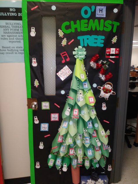 Holiday decorating classroom Science Themed Classroom Decor, Chemistry Teacher Classroom, Christmas Science Bulletin Boards, Science Door Decorations Christmas, High School Chemistry Classroom Decor, Chemistry Door Decorations, Science Holiday Door Decorations, Chemistry Classroom Ideas, Science Classroom Door Decorations