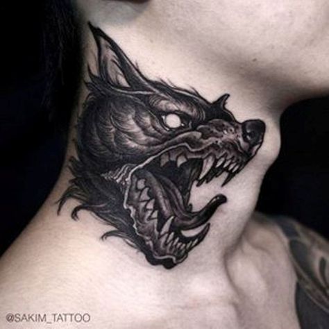 Dark Black Wolf Tattoo On Neck Left Side | Dark Black Tattoos ... Black Wolf Tattoo, Back Of Neck Tattoo Men, Wolf Face Tattoo, Tattoo On Neck, Small Wolf Tattoo, Black Men Tattoos, Wolf Tattoos Men, Side Neck Tattoo, Tattoo Neck