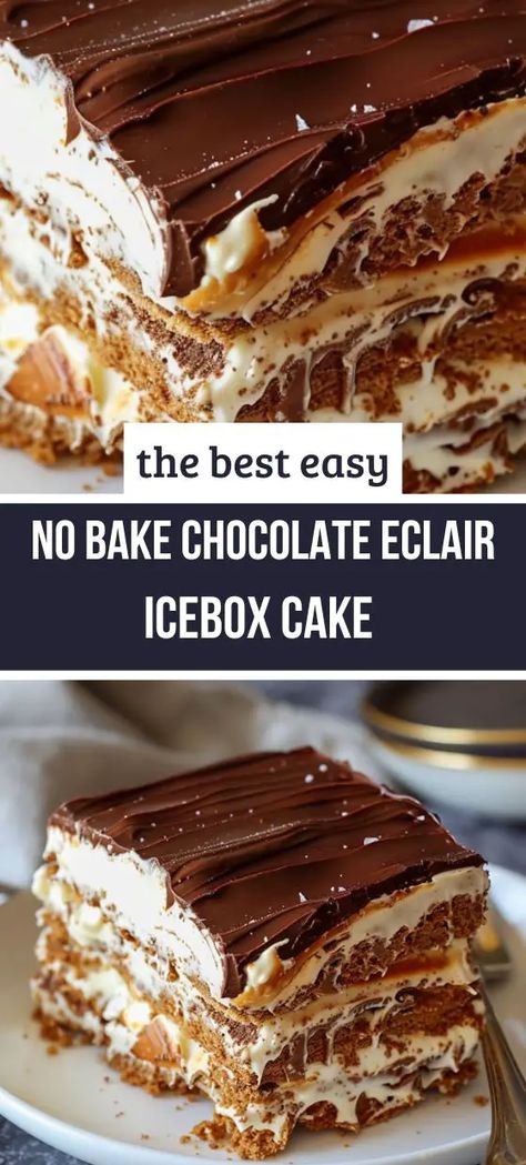 No Bake Chocolate Eclair Icebox Cake No Bake Chocolate Eclair, Chocolate Eclair Dessert, No Bake Eclair Cake, Chocolate Eclair Cake, Cookie Deserts, Icebox Cake Recipes, Eclair Cake, Chocolate Eclair, Refreshing Desserts