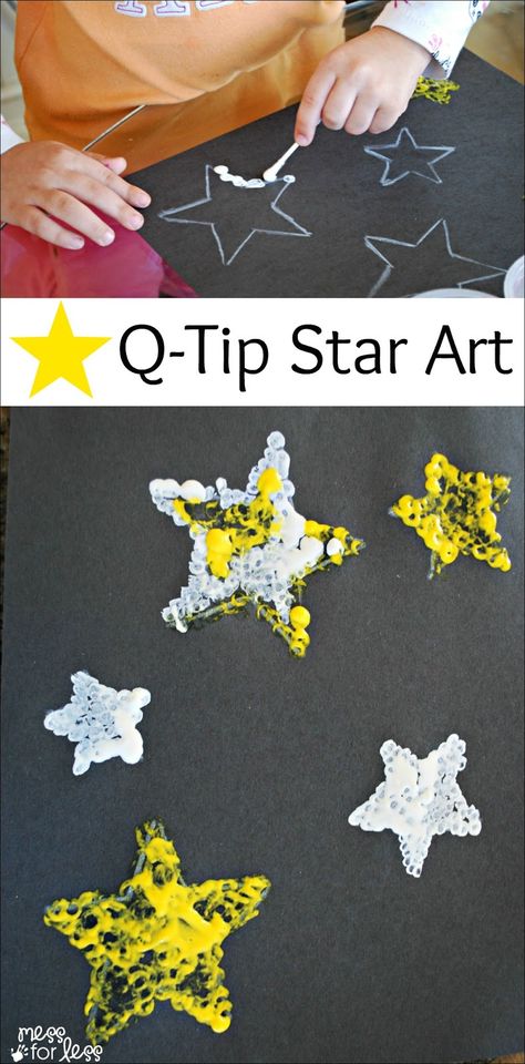 Kids Art Project - Q-Tip Star Art: A creative way for kids to paint with a q-tip. This also provides a fun fine motor experience for kids. What a fun way to paint! Space Week For Preschoolers, Space Inspired Art, Planets For Preschoolers, Light And Dark Theme Toddlers, Space Lesson Plans For Preschool, Solar System Crafts For Preschool, Outer Space Crafts, Space Art Projects, Space Theme Preschool