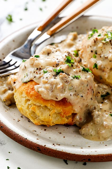 Buiscuts And Gravy, Biscuits And Gravy Dinner, Buttermilk Biscuits And Gravy, Southern Meals For Two, Elevated Biscuits And Gravy, Fancy Biscuits And Gravy, Best Gravy Recipe For Biscuits, Turkey Sausage Gravy And Biscuits, Spicy Biscuits And Gravy