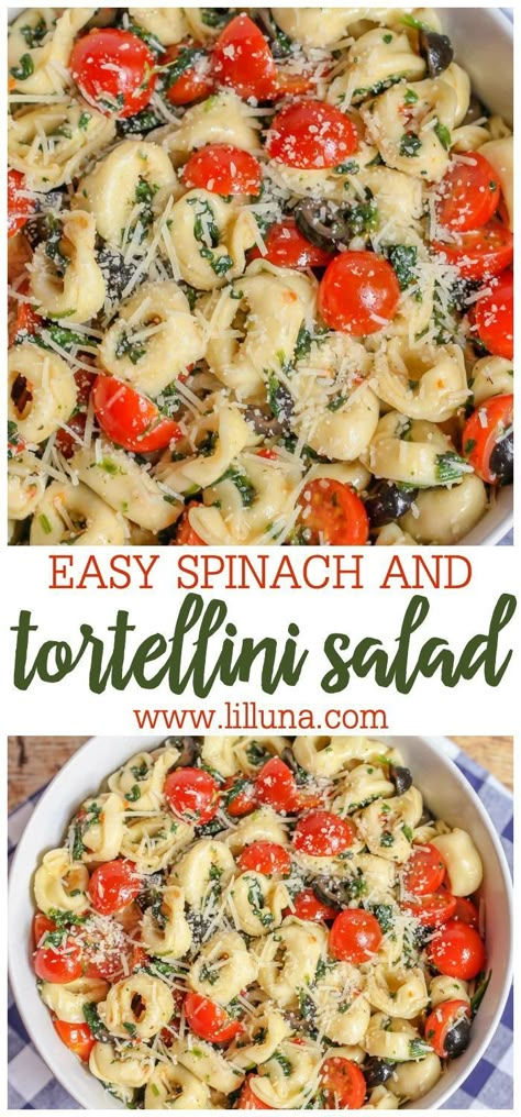 This cold tortellini salad is the ultimate side dish for bbq and potlucks! With tortellini, spinach, tomatoes, olives, and parmesan tossed in Italian dressing, this Tortellini Spinach Salad is packed with all the best flavors! Spinach Tortellini Salad, Spinach Tortellini, Pasta Salad With Tortellini, Bbq Side Dishes, Tortellini Recipes, Tortellini Pasta, Tortellini Salad, Cold Pasta Salad, Bbq Sides