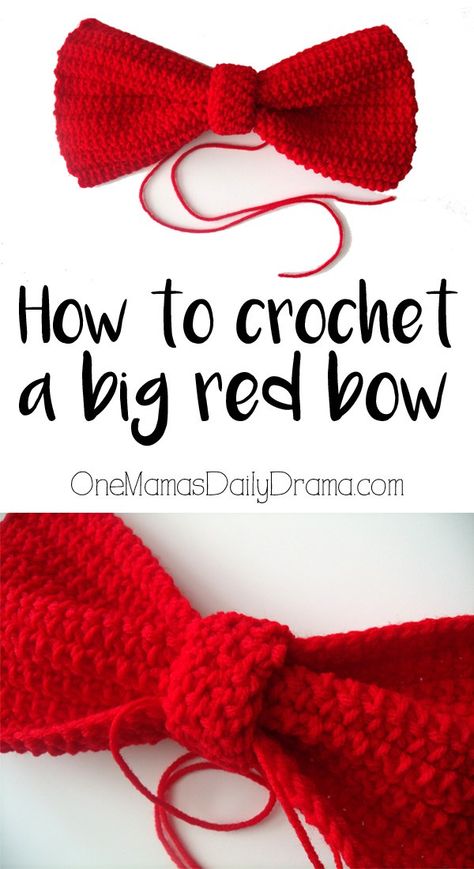 How to crochet a big red bow | Simple beginner pattern to make a hair bow for a costume. Easy to adjust to any size you need. Crochet A Bow, Crochet Bows Free Pattern, Crochet Bow Ties, Diy Gift Bow, Crochet Bow Pattern, Crochet Hair Bows, Embroidery Hair, Crochet Bow, Bowtie Pattern