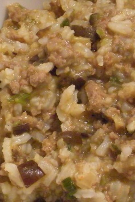 Eggplant Rice Dressing Recipe, Eggplant Rice Recipes, Eggplant Dressing Recipe, Eggplant Dressing, Rice Dressing Recipe, Eggplant Rice, Pearl Couscous Recipes, Southern Meals, Eggplant Dress