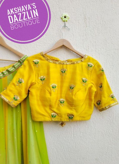 Yellow Blouse Designs Latest, Yellow Blouse Design, Handwork On Blouse, Gota Patti Blouse, Lemon Yellow Blouse, Yellow Blouse Designs, Gota Patti Lehenga, Bandhej Dupatta, Cotton Blouse Design