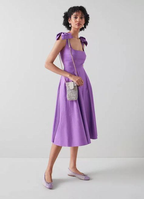 Emerald Purple Cotton Bow Shoulder Dress | Clothing | Collections | L.K.Bennett, London Bow Shoulder Dress, Barbie 12 Dancing Princesses, Outfits Purple, Dancing Princess, Wisteria Purple, Emerald Dress, Flared Midi Skirt, Purple Wedding Dress, Bridesmaids Ideas