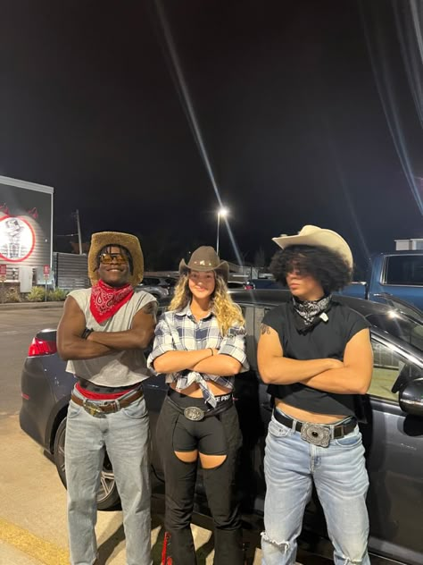 Hot Cowboy Costume Men, Cowboy Theme Party Outfit For Men, Masc Lesbian Cowboy Outfit, Cowboy Halloween Ideas, Cowboy Vs Aliens Spirit Week, 2023 Halloween Costume Ideas Men, Masc Costumes, Trio Halloween Costumes Boys, Alt Cowboy Outfit