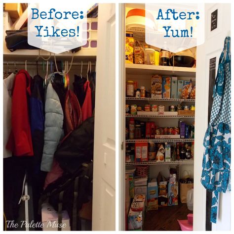 An organized pantry is the best kind of pantry! See how this blogger re-did her pantry for the better. Hall Closet Converted To Pantry, Closet Pantry Conversion, Turning A Coat Closet Into A Pantry, Convert Coat Closet To Pantry, Hall Closet To Pantry Conversion, Closet To Pantry Convert Diy, Convert Closet To Pantry, Coat Closet To Pantry Convert, Hall Closet Pantry