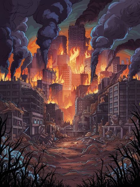 City Burning Drawing, City Destruction Art, Burning City Tattoo, City On Fire Drawing, Destruction Drawing, Apocalypse Drawing, Natural Disasters Art, Fire Cartoon, Destroyed City