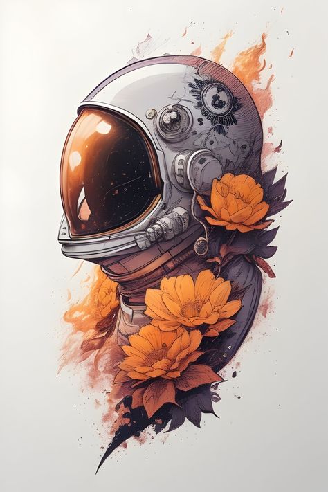 An Astronaut burning with fire around some beautiful flowers Female Astronaut Tattoo, Astronaut Illustration Art, Space Helmet Tattoo, Astronaut Helmet Illustration, Astronaut Head, Astronaut Helmet Drawing, Space Helmet Drawing, Astronaut Helmet Tattoo, Astronaut Tattoo Design