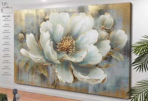 Golden Wall Art, Art Aesthetic Room Decor, Art Aesthetic Room, Oversized Canvas Art, Abstract Wall Painting, Wall Art Gold, Canvas Art Decor, Golden Wall, Flower Canvas Art