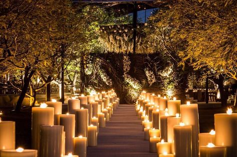 Peter de Anda on Instagram: “#daphneymanuel #peterdeanda” Wedding With Candles, Foggy Wedding, Wedding Candle Centerpieces, Celestial Themed Wedding, Reception Venue Decorations, San Miguel Wedding, Romance Decor, Wedding Aisle Decoration, Courtyard Party