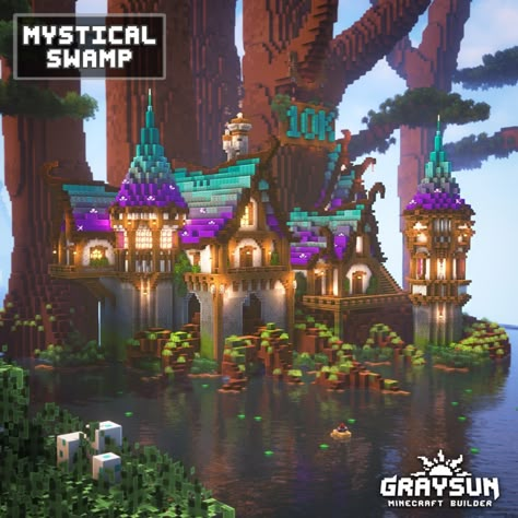 Colorful Minecraft Houses, Colorful Minecraft Builds, Minecraft Swamp Build, Minecraft Fantasy Ideas, Roof Minecraft, Minecraft Magical Builds, Magical Minecraft Builds, Minecraft Fantasy Builds, Minecraft Building Plans