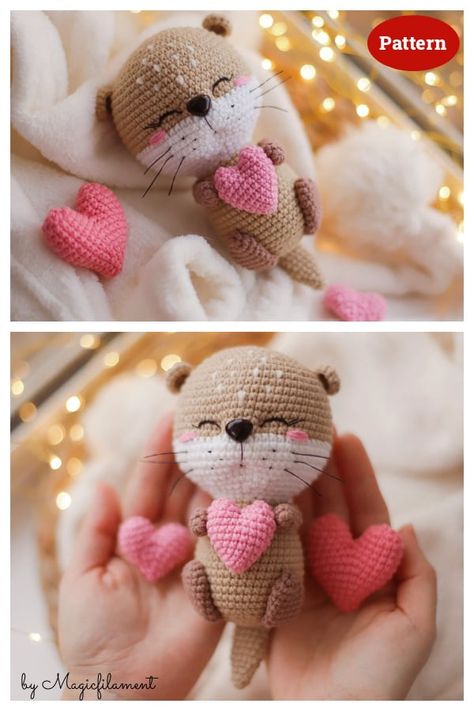 Amigurumi Valentines Day, Valentines Day Crochet Patterns, Valentine Amigurumi, Otter Amigurumi, Crochet Otter, Valentines Day Crochet, Toy Crochet Patterns, Amigurumi Cats, Crochet Valentine Patterns