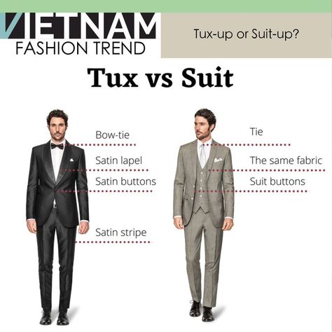 Tux Vs Suit Wedding, Tux Vs Suit, Suit Vs Tuxedo, Cool Tuxedos, Male Outfit, Types Of Suits, Wedding Fund, Black Tie Attire, Man Suits