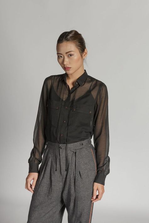 Sheer Blouse Outfit, Camisole Outfit, 2020s Fashion, Layer Clothes, Reference Board, Sheer Shirt, Dress Clothes, Blouse Outfit, Dark Fashion