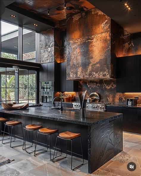 Dark Interiors Kitchen, Dark Interior Design Kitchen, Cool Backsplash Ideas Kitchen, Industrial Kitchens, Stone Interior, Casa Country, Best Kitchen Designs, Luxury Kitchen Design, Kitchen Inspiration Design